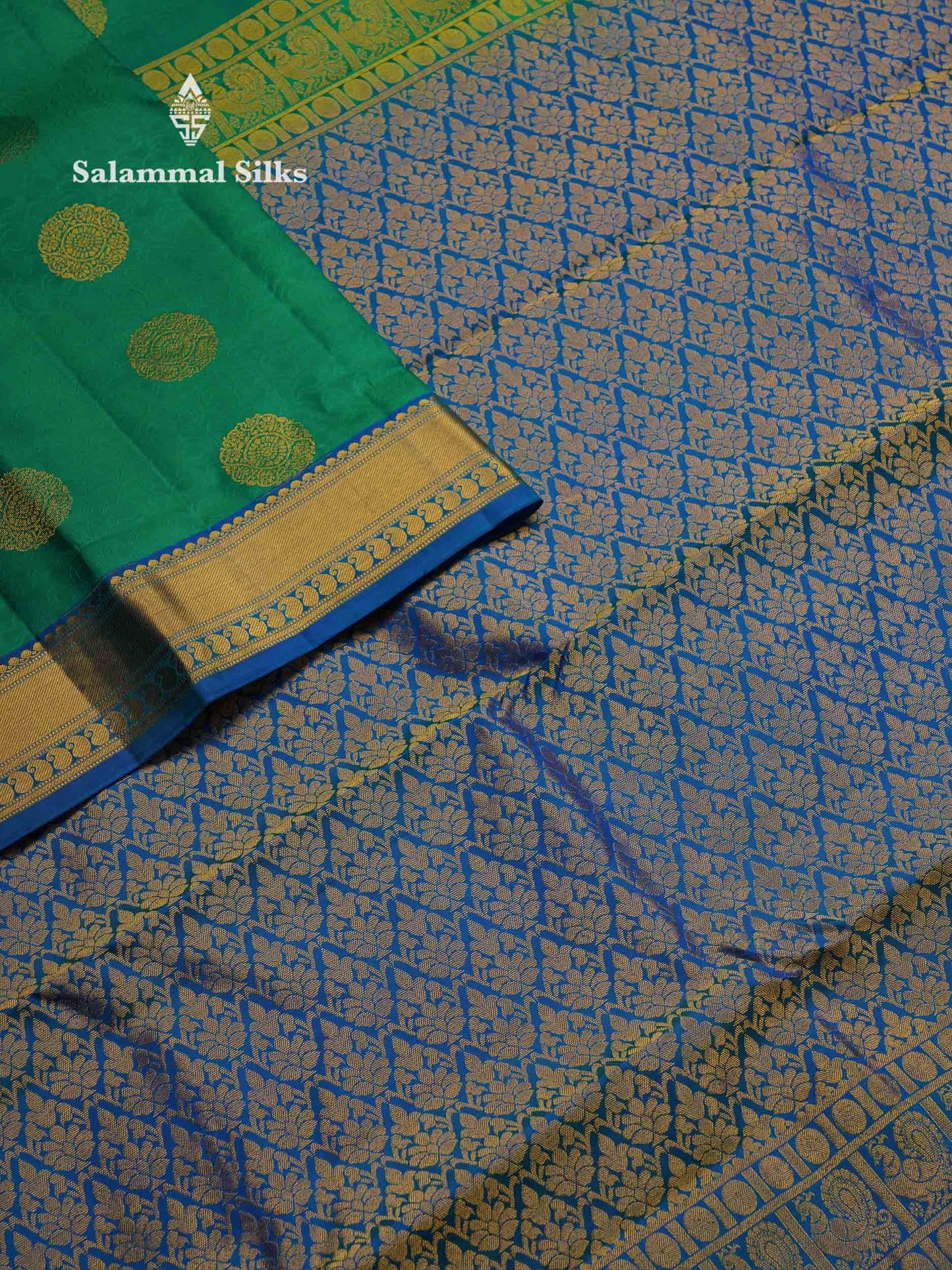 Beautiful Sapphire Green Pure Kanjivaram Silk Saree With Contrast Ramar Blue Traditional Medium Border