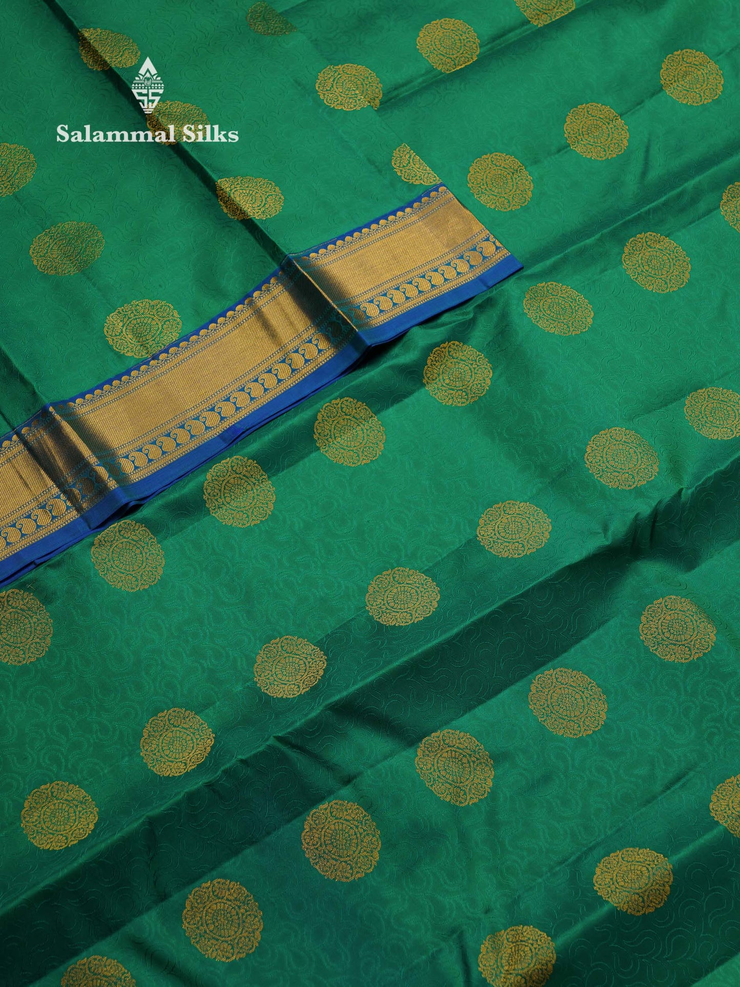 Beautiful Sapphire Green Pure Kanjivaram Silk Saree With Contrast Ramar Blue Traditional Medium Border