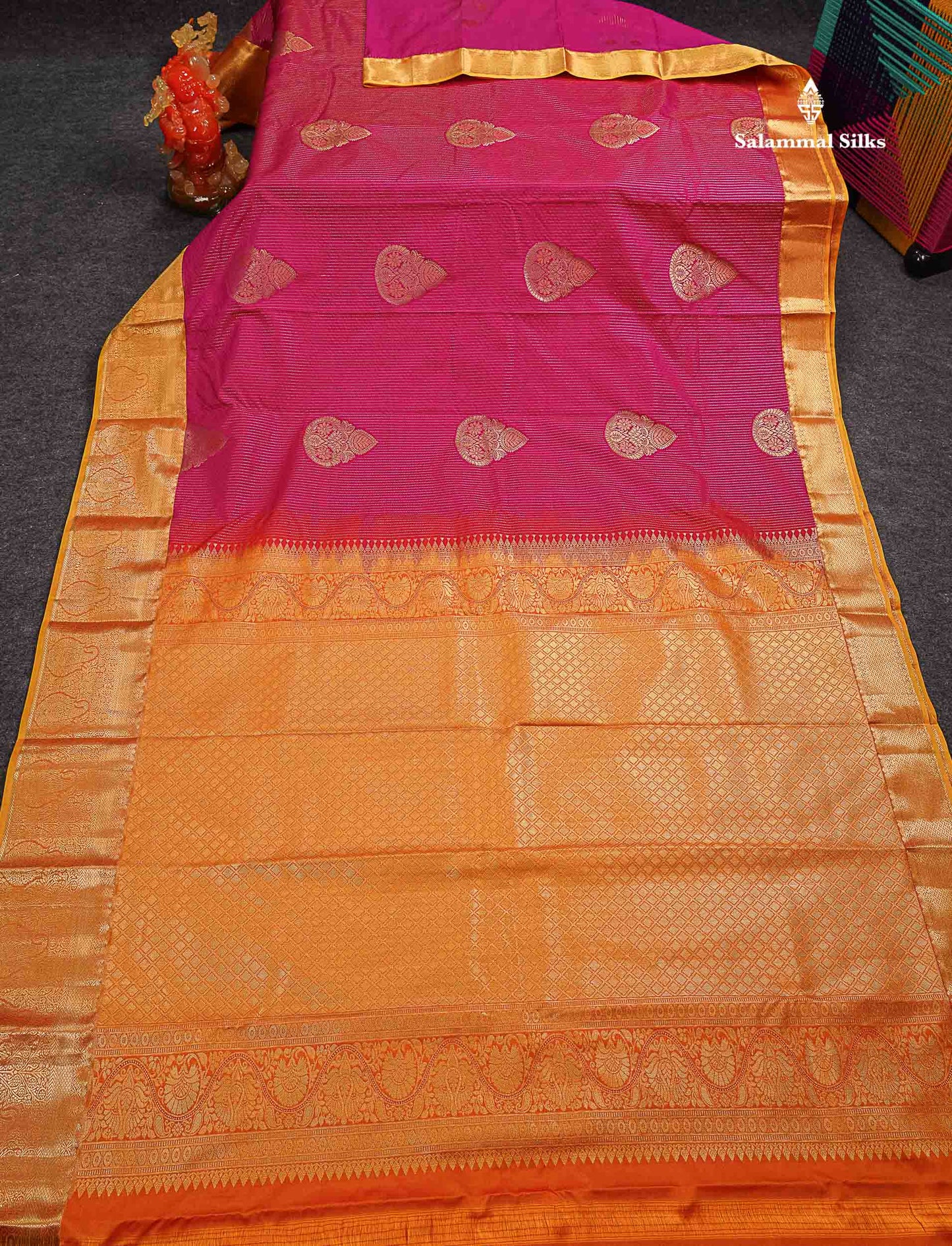 Beautiful Pink Zari Lines With Butta Semi Silk Saree With Contrast Mustard Yellow Traditional Border