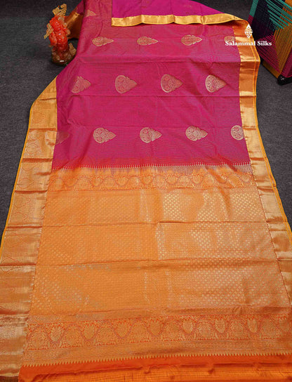 Beautiful Pink Zari Lines With Butta Semi Silk Saree With Contrast Mustard Yellow Traditional Border