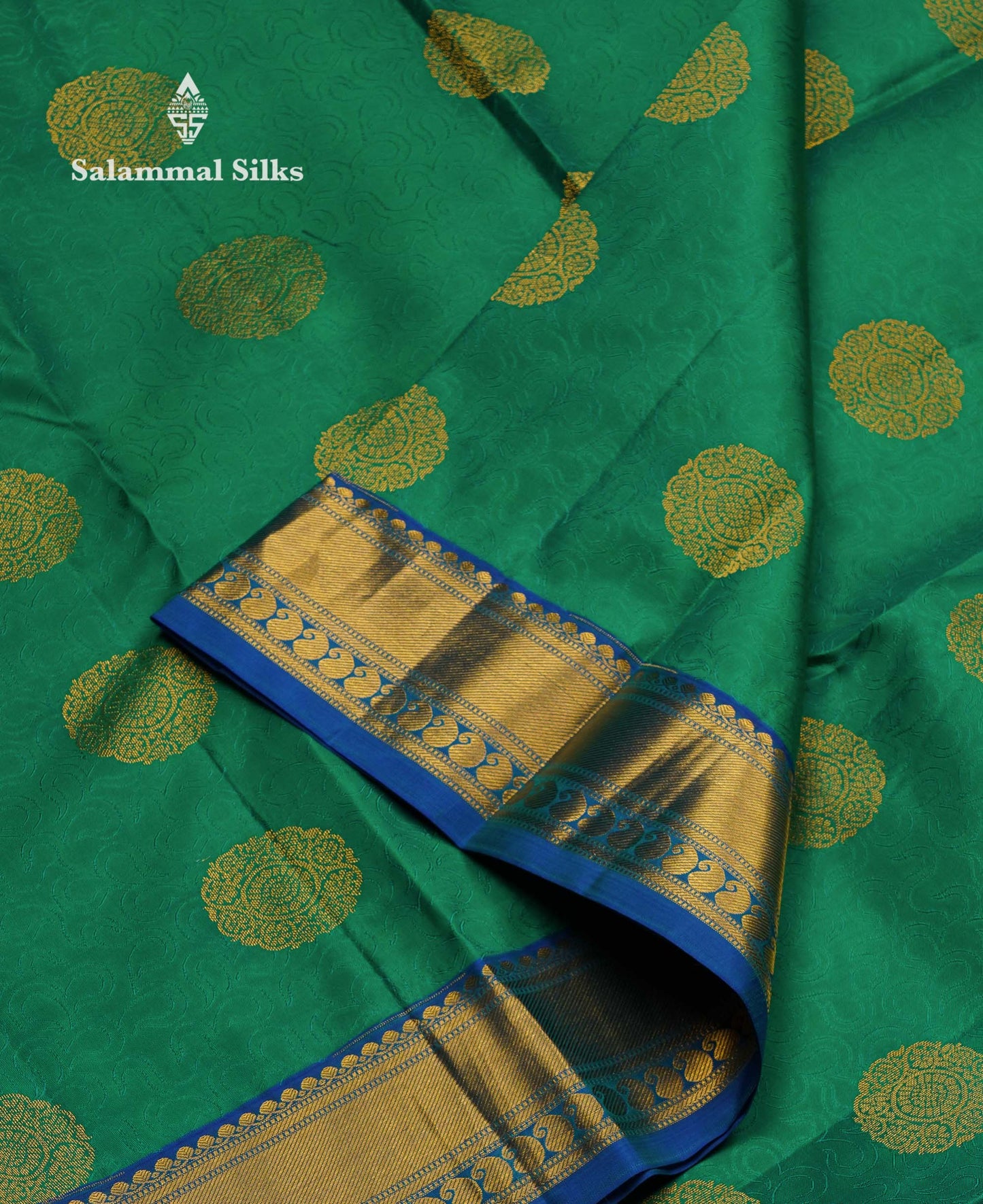 Beautiful Sapphire Green Pure Kanjivaram Silk Saree With Contrast Ramar Blue Traditional Medium Border