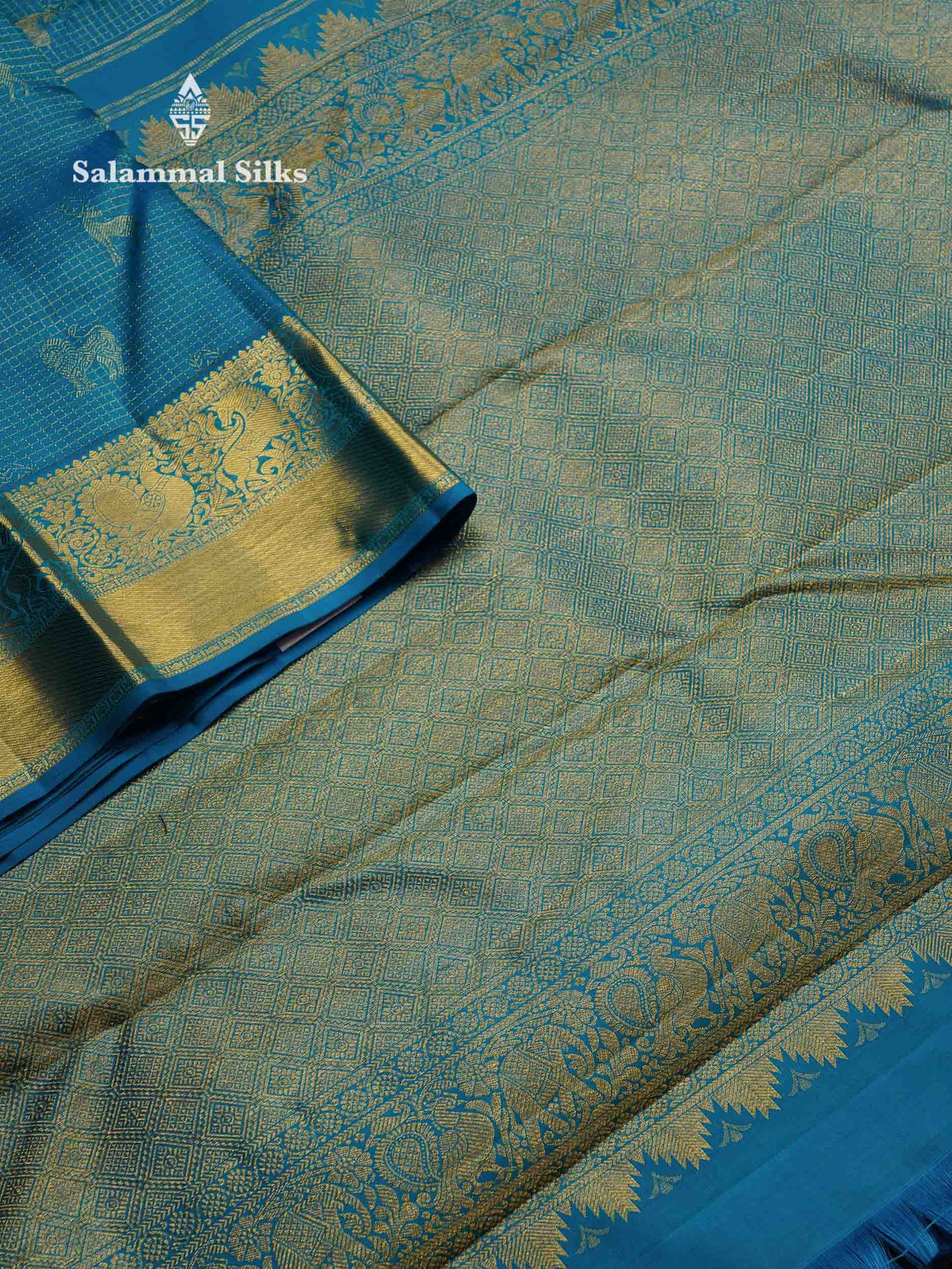 Beautiful Ramar Blue Small Zari Checks Pure Kanjivaram Silk Saree With Traditional Border