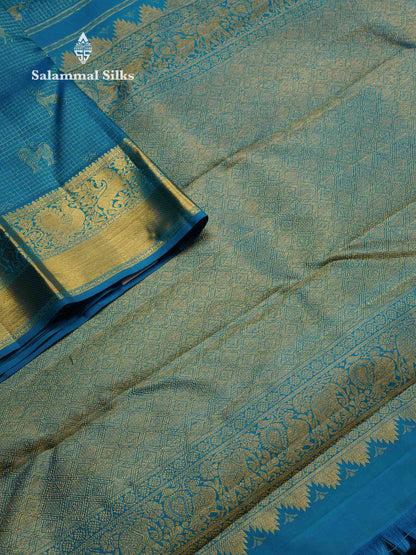 Beautiful Ramar Blue Small Zari Checks Pure Kanjivaram Silk Saree With Traditional Border