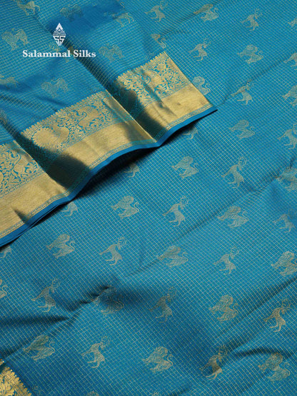 Beautiful Ramar Blue Small Zari Checks Pure Kanjivaram Silk Saree With Traditional Border