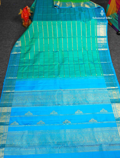 Pure Kanjivaram Silk Saree - Sapphire Green Colour Body Horizontal stripes & Contrast Blue Traditional Border 