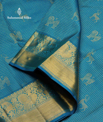 Beautiful Ramar Blue Small Zari Checks Pure Kanjivaram Silk Saree With Traditional Border