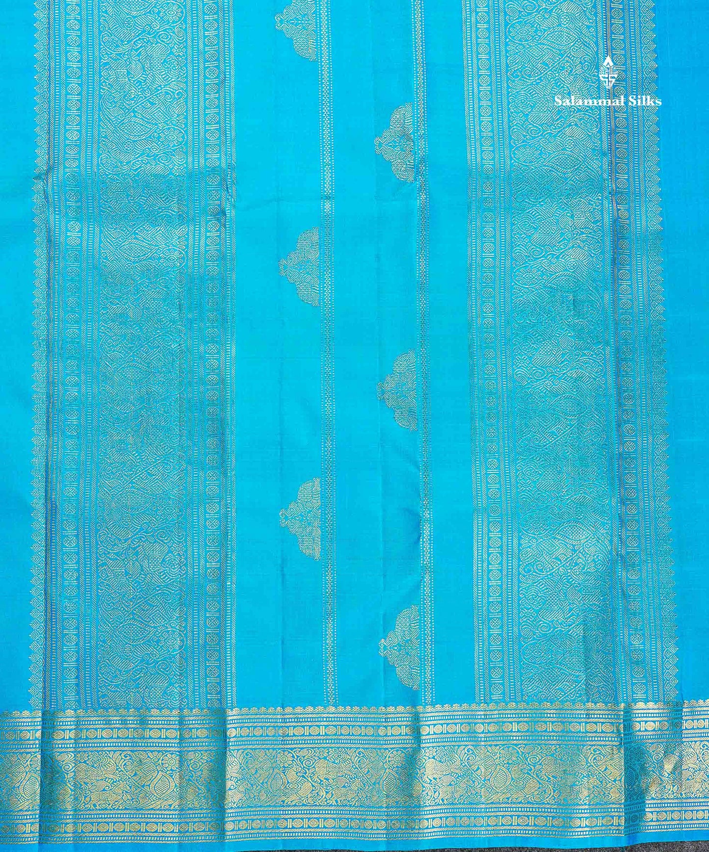 Pure Kanjivaram Silk Saree - Sapphire Green Colour Body Horizontal stripes & Contrast Blue Traditional Border