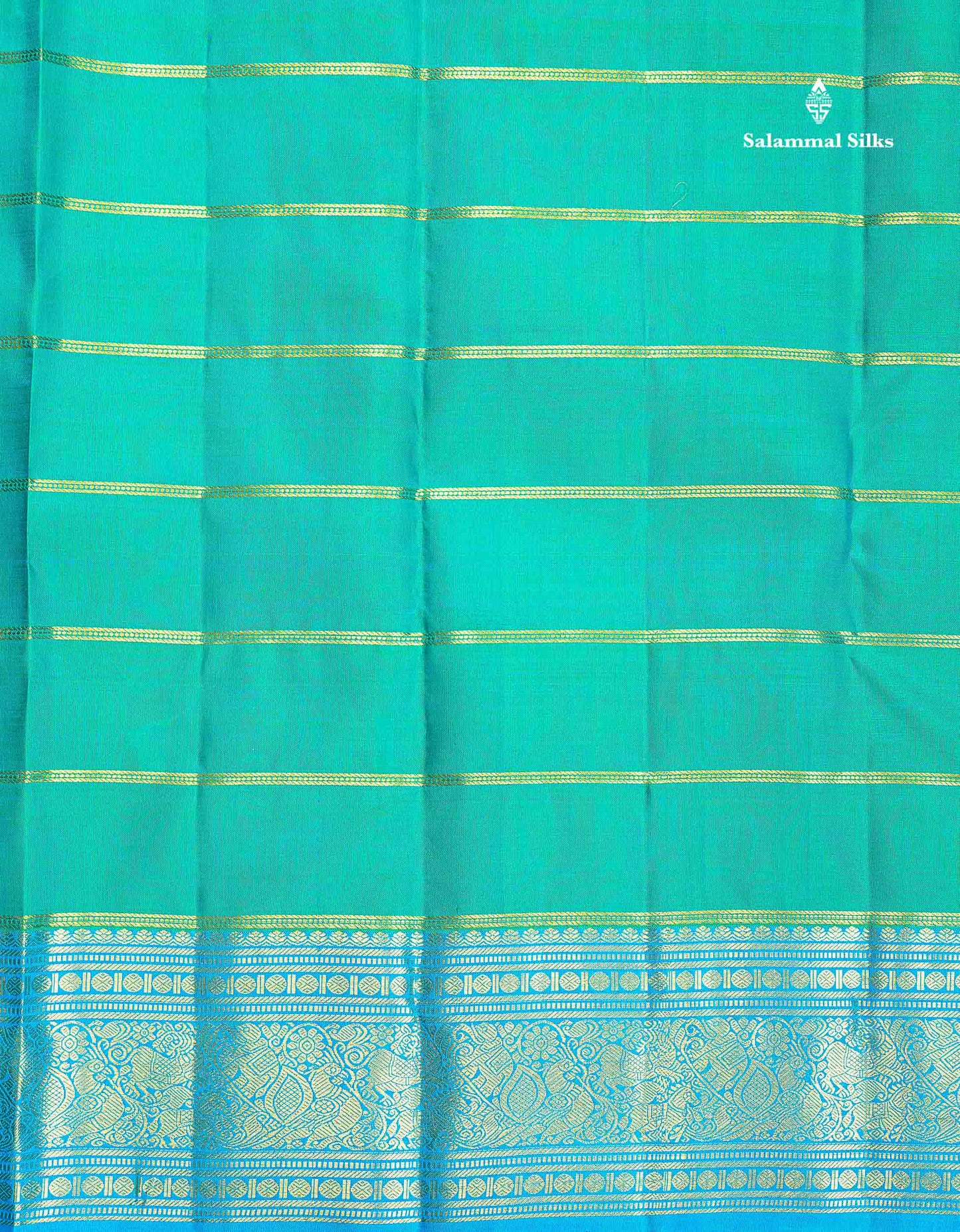 Pure Kanjivaram Silk Saree - Sapphire Green Colour Body Horizontal stripes & Contrast Blue Traditional Border