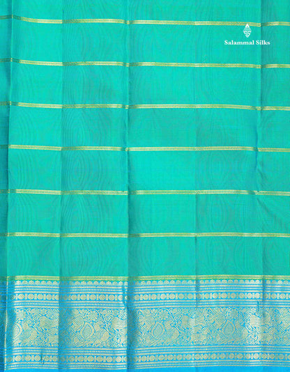 Pure Kanjivaram Silk Saree - Sapphire Green Colour Body Horizontal stripes & Contrast Blue Traditional Border