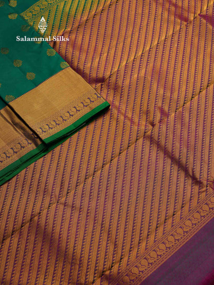 Beautiful Bottle Green Pure Kanjivaram Silk Saree With Contrast Magenta Traditional Border