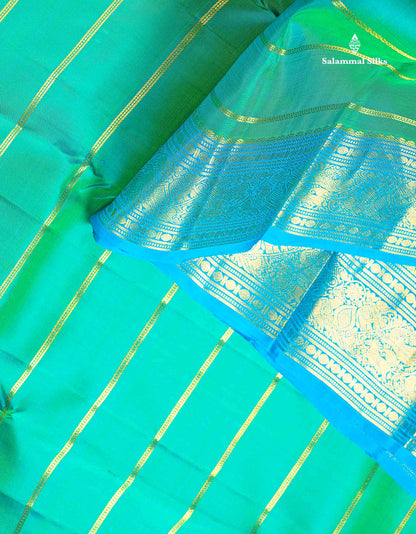 Pure Kanjivaram Silk Saree - Sapphire Green Colour Body Horizontal stripes & Contrast Blue Traditional Border