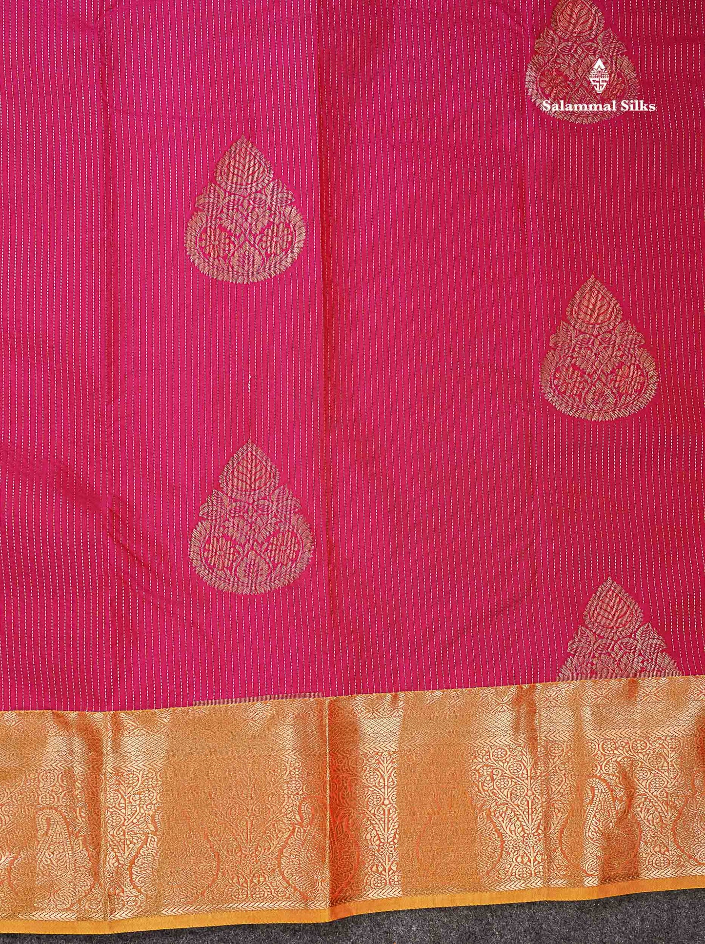 Beautiful Pink Zari Lines With Butta Semi Silk Saree With Contrast Mustard Yellow Traditional Border