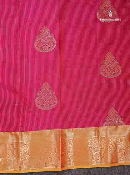 Beautiful Pink Zari Lines With Butta Semi Silk Saree With Contrast Mustard Yellow Traditional Border