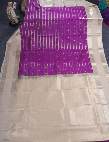 Dark Purple Semi Silk Saree With Contrast Cream Sandal Rettapet Border