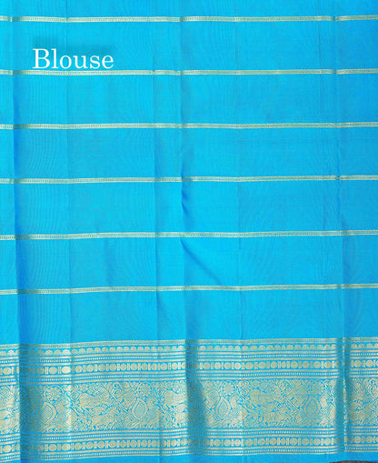 Pure Kanjivaram Silk Saree - Sapphire Green Colour Body Horizontal stripes & Contrast Blue Traditional Border
