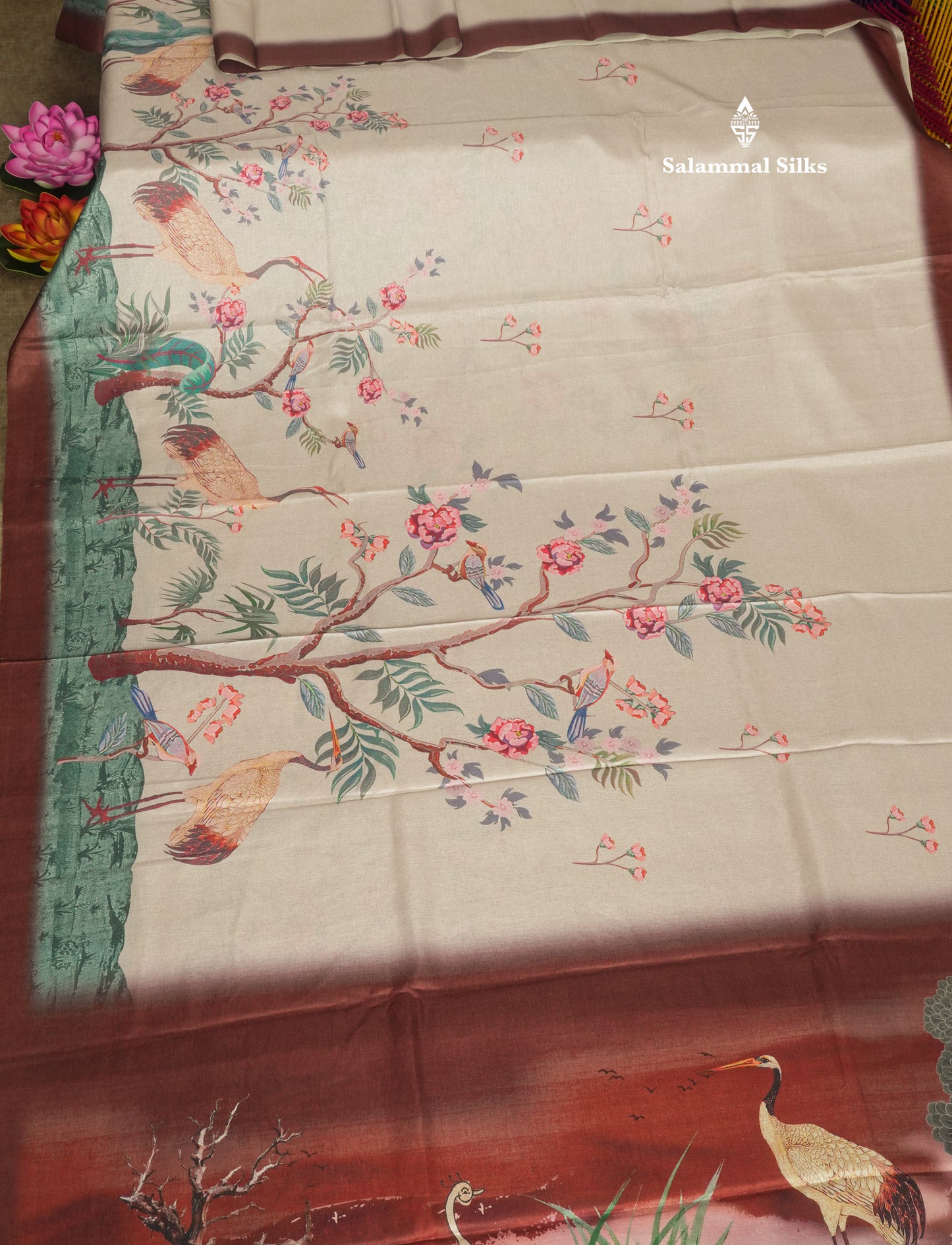 Baby Pink Printed Semi Tussar Saree With Lake & Bird Border
