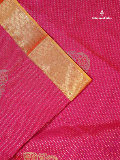 Beautiful Pink Zari Lines With Butta Semi Silk Saree With Contrast Mustard Yellow Traditional Border