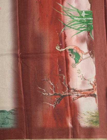 Baby Pink Printed Semi Tussar Saree With Lake & Bird Border