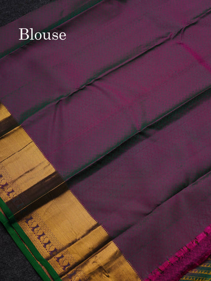 Beautiful Bottle Green Pure Kanjivaram Silk Saree With Contrast Magenta Traditional Border