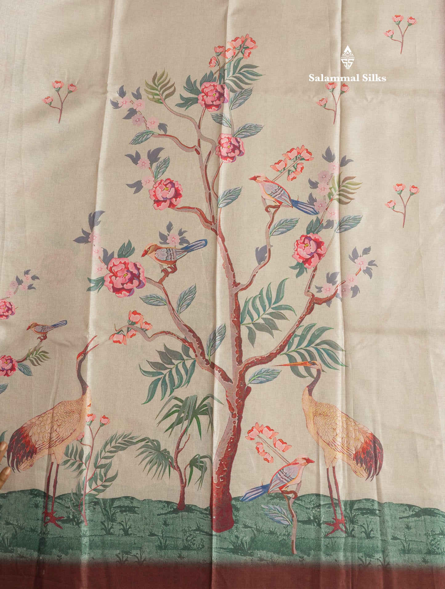 Baby Pink Printed Semi Tussar Saree With Lake & Bird Border