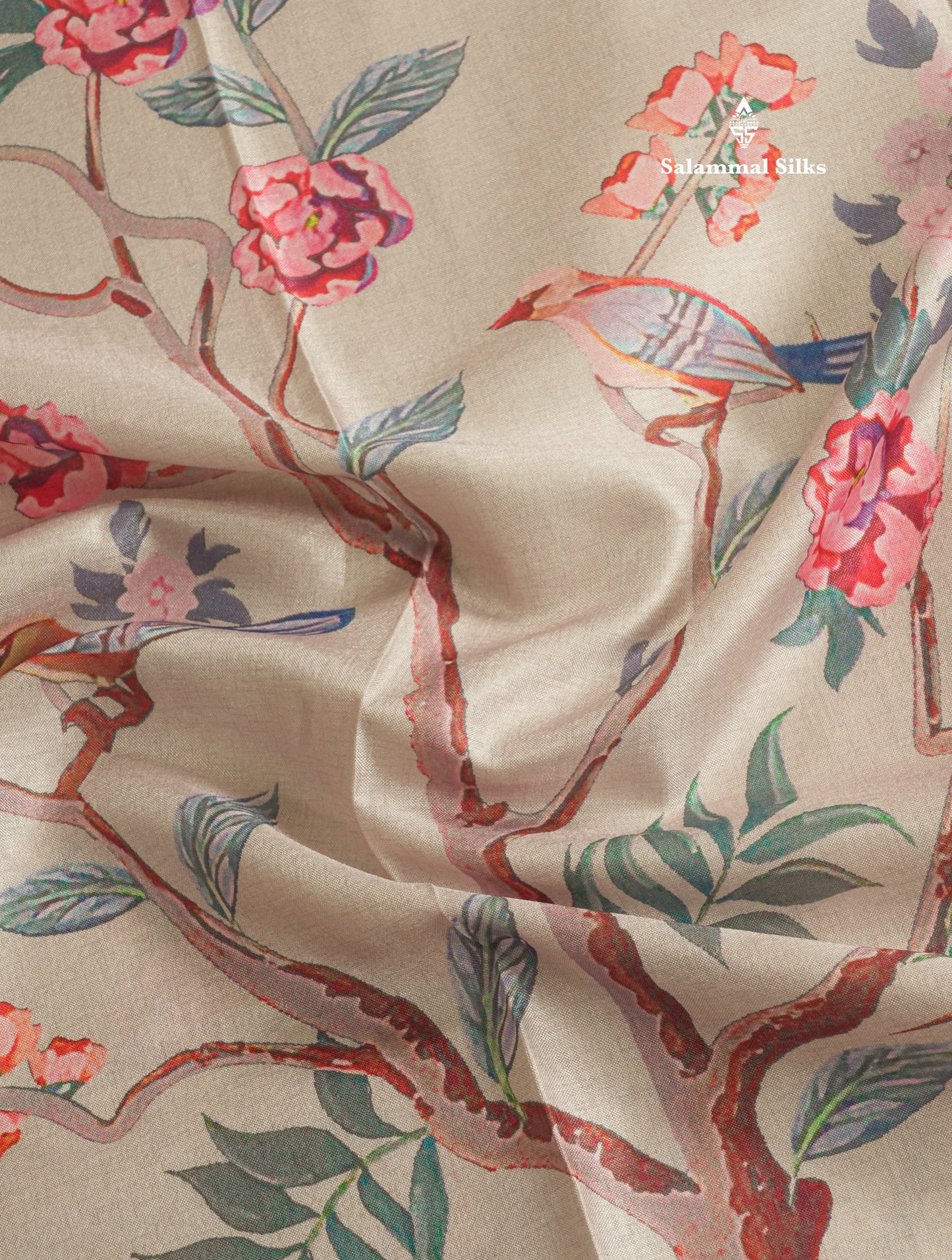 Baby Pink Printed Semi Tussar Saree With Lake & Bird Border