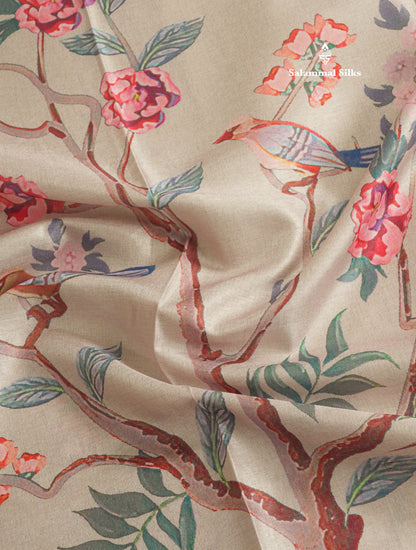 Baby Pink Printed Semi Tussar Saree With Lake & Bird Border
