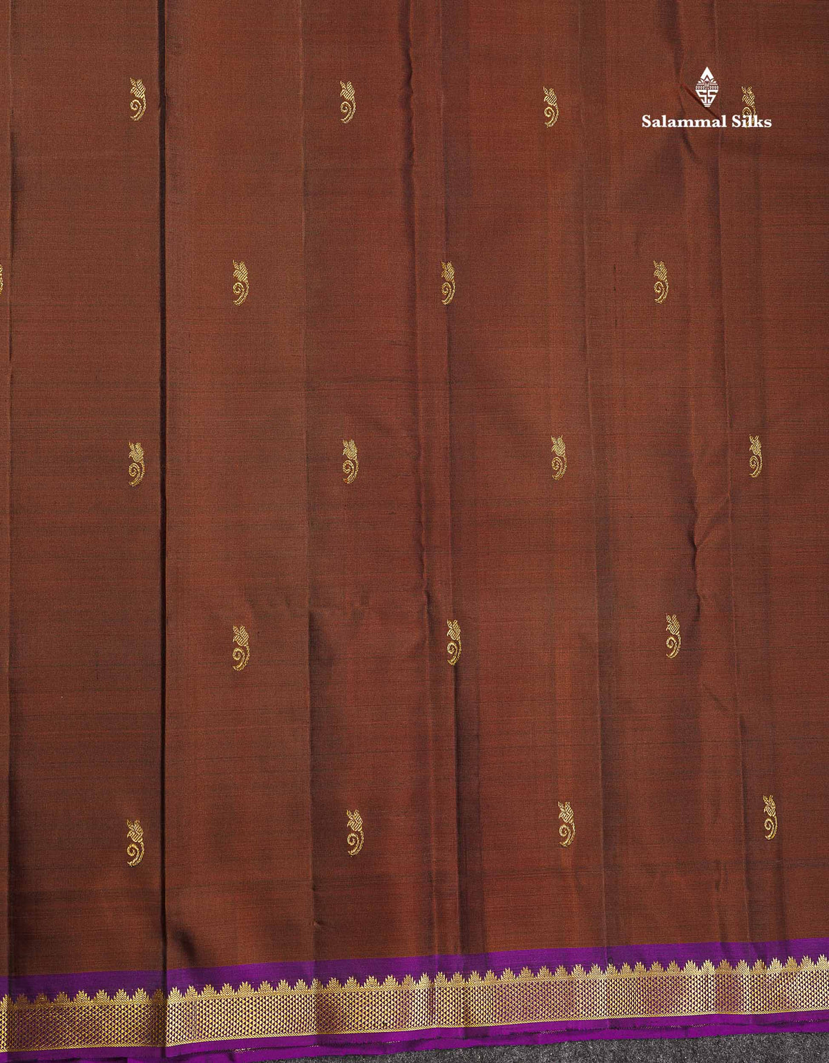 Pure Kanjivaram Silk Saree - Rust Brown Colour Body Small Butta With Contrast Wine Purple Small Border