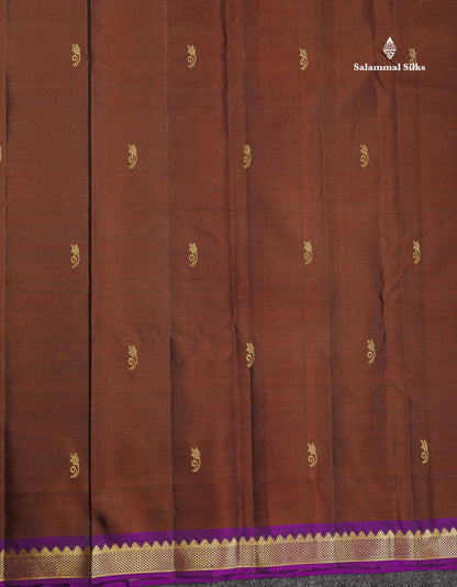 Pure Kanjivaram Silk Saree - Rust Brown Colour Body Small Butta With Contrast Wine Purple Small Border