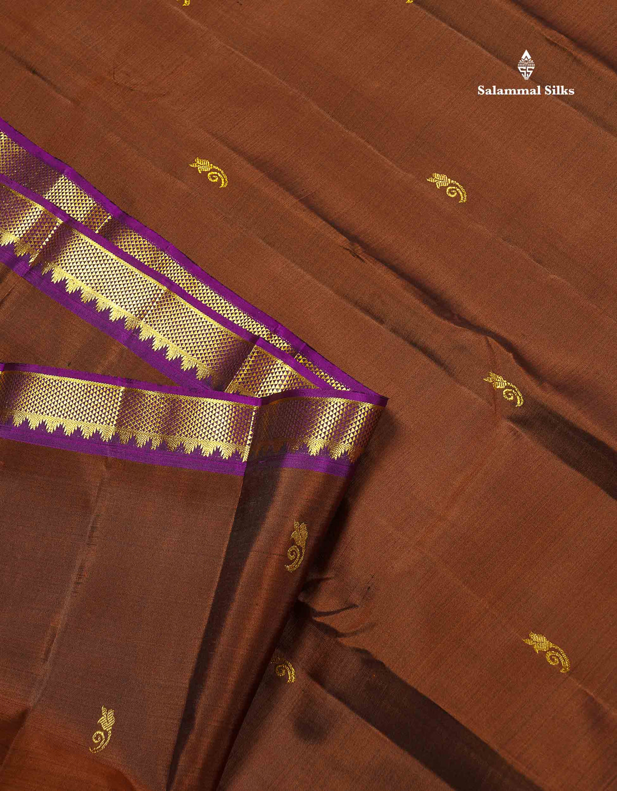 Pure Kanjivaram Silk Saree - Rust Brown Colour Body Small Butta With Contrast Wine Purple Small Border