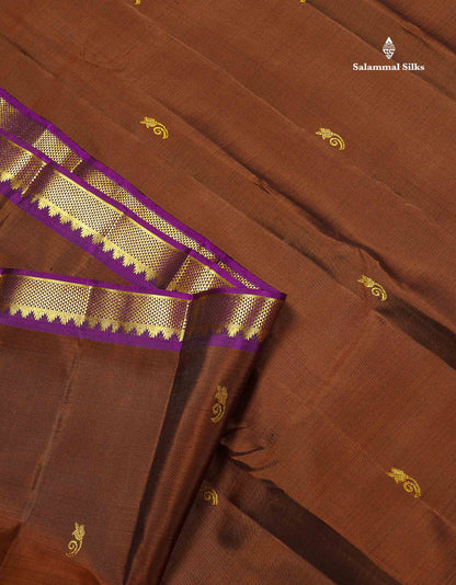 Pure Kanjivaram Silk Saree - Rust Brown Colour Body Small Butta With Contrast Wine Purple Small Border