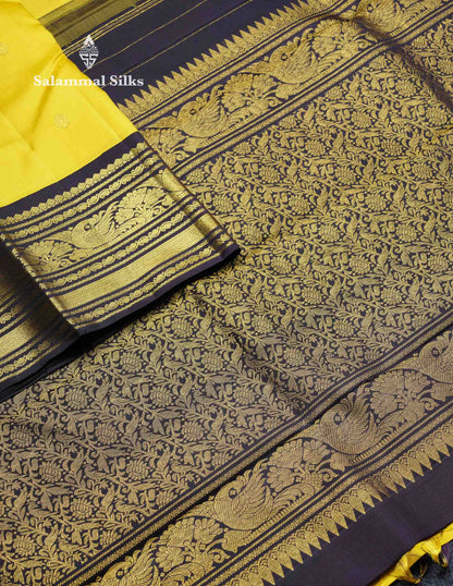 Korvai Beautiful Lemon Yellow Pure Kanjivaram Silk Saree With Contrast Dark Violet Traditional Border