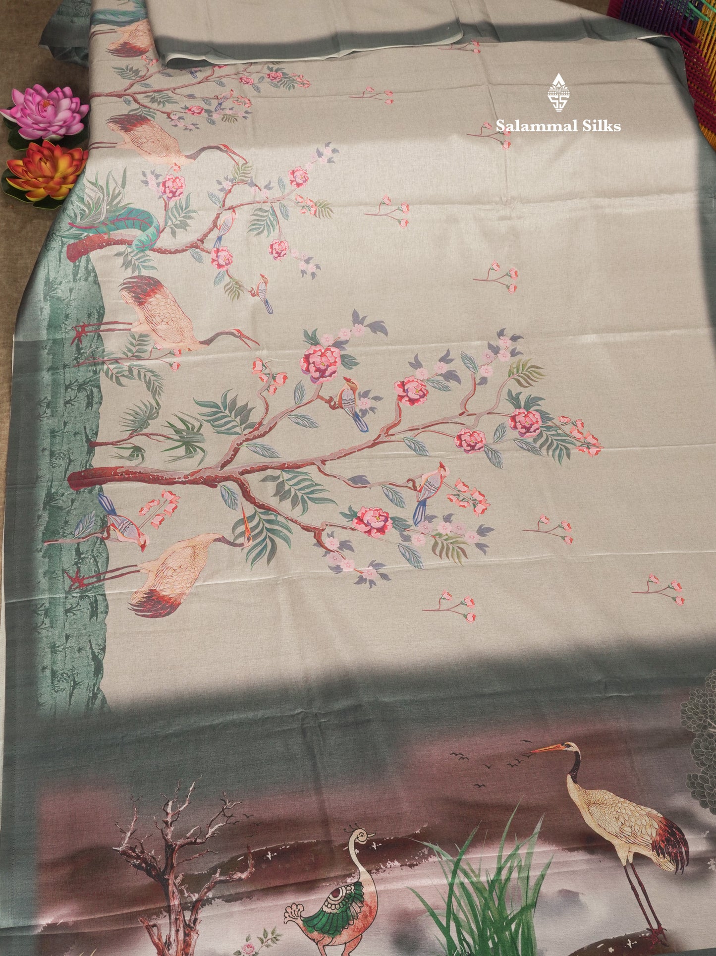 Baby Pink Printed Semi Tussar Saree With Lake & Bird Border