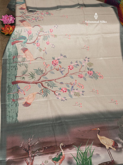 Baby Pink Printed Semi Tussar Saree With Lake & Bird Border