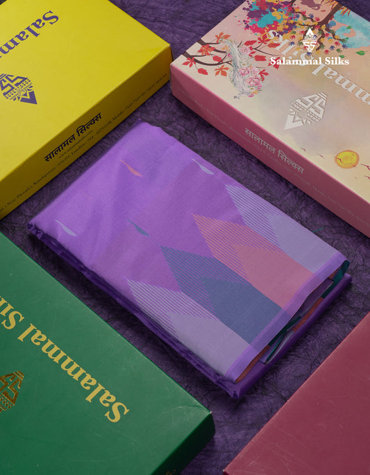 Beautiful Light Purple Malli Mogu Butta Semi Silk Saree With Traditional Temple Border