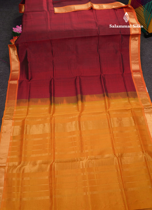 Dark Maroon Pure Silk Cotton Saree With Contrast Mustard Yellow Blouse