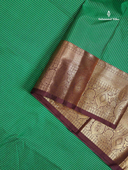 Beautiful Bottle Green Zari Lines Semi Silk Saree With Contrast Dark Brown Traditional Border