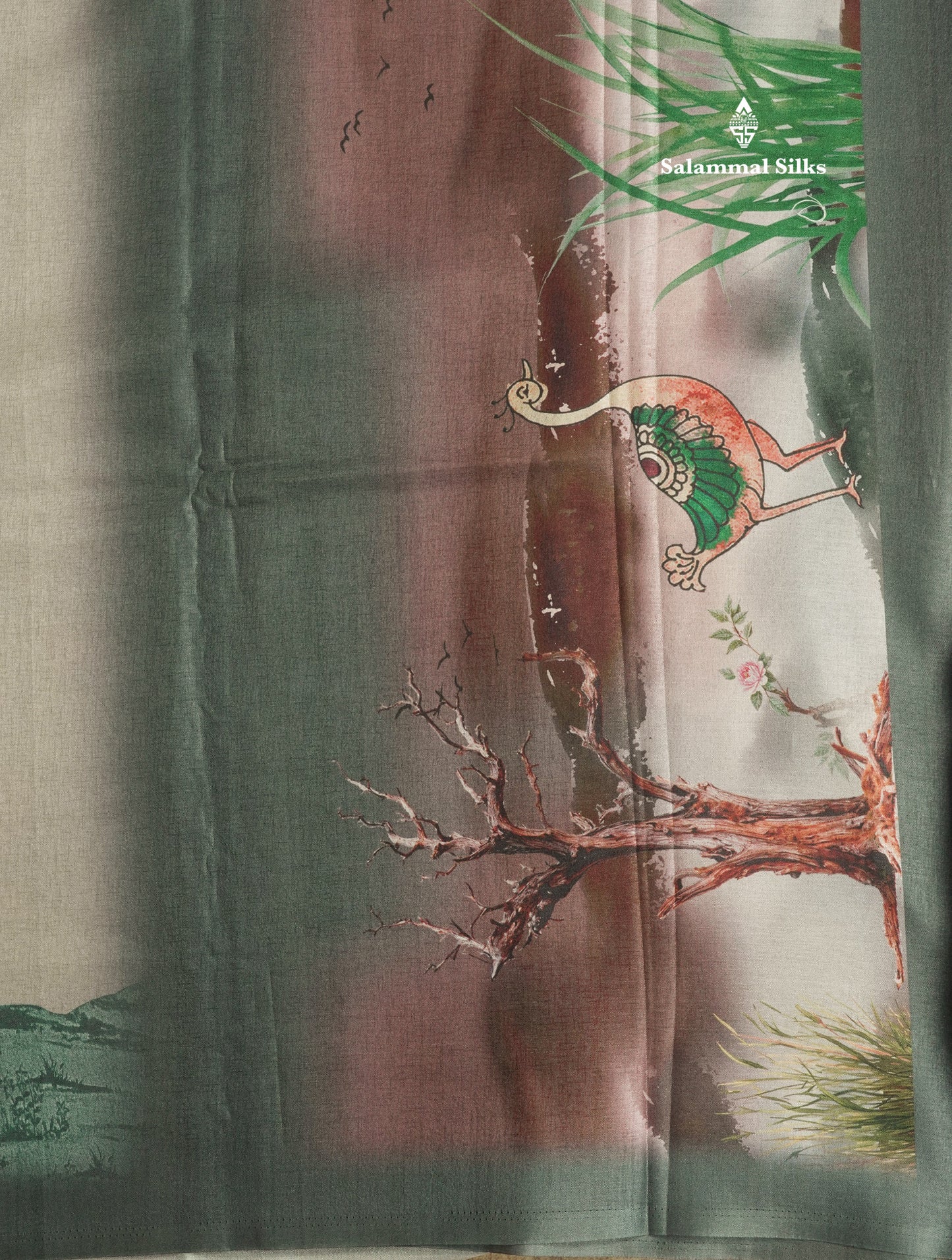 Baby Pink Printed Semi Tussar Saree With Lake & Bird Border