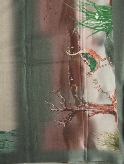 Baby Pink Printed Semi Tussar Saree With Lake & Bird Border