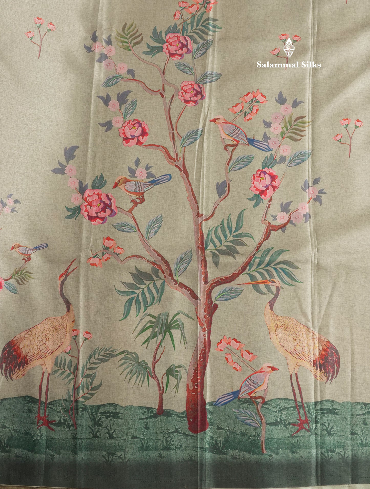 Baby Pink Printed Semi Tussar Saree With Lake & Bird Border
