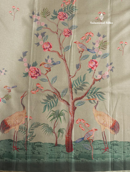 Baby Pink Printed Semi Tussar Saree With Lake & Bird Border