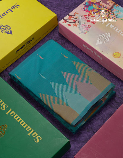 Beautiful Light Purple Malli Mogu Butta Semi Silk Saree With Traditional Temple Border