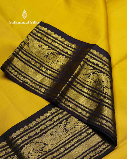 Korvai Beautiful Lemon Yellow Pure Kanjivaram Silk Saree With Contrast Dark Violet Traditional Border