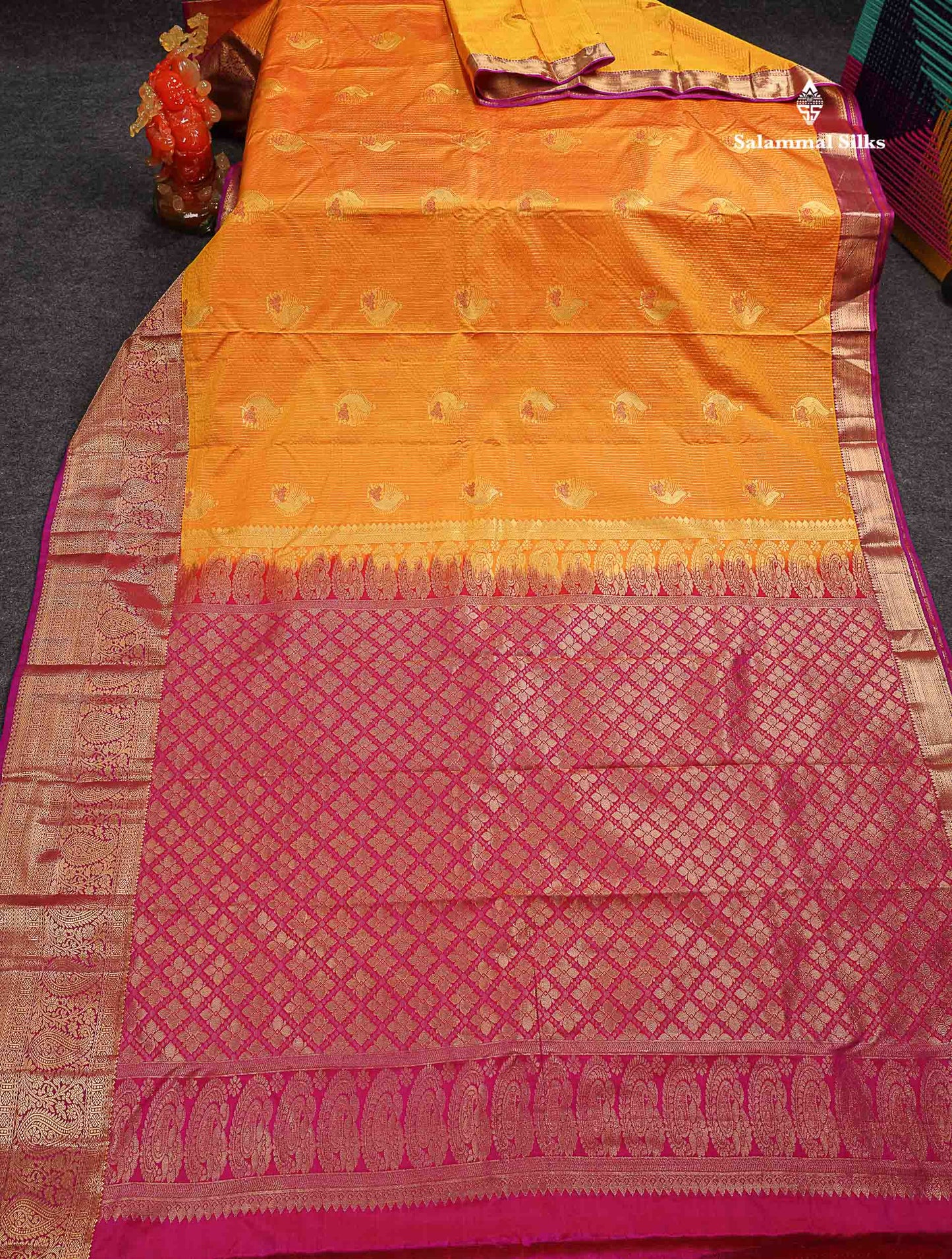 Beautiful Mango Yellow Zari Line Butta Semi Silk Saree With Contrast pink Traditional Evening Morning Border