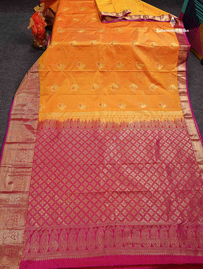 Beautiful Mango Yellow Zari Line Butta Semi Silk Saree With Contrast pink Traditional Evening Morning Border
