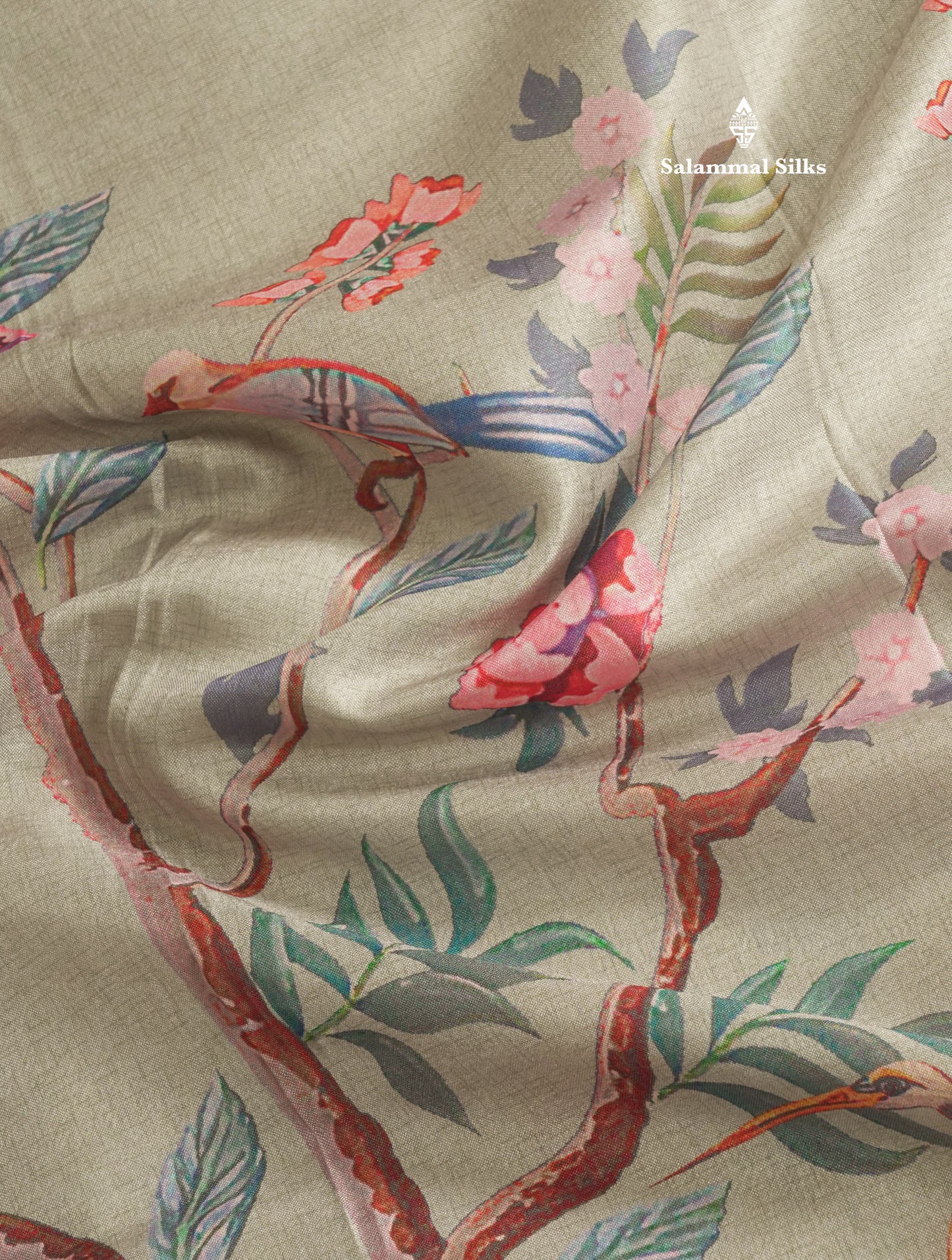 Baby Pink Printed Semi Tussar Saree With Lake & Bird Border