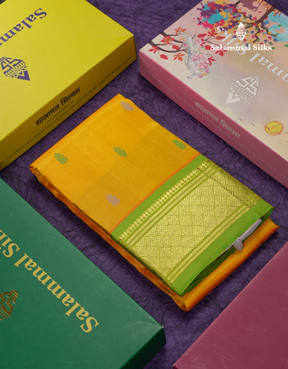 Beautiful Mango Yellow Pure Kanjivaram Silk Saree With Contrast Parrot Green One Side Traditional Border