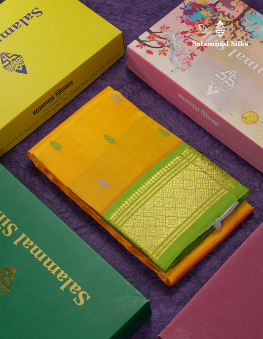 Beautiful Mango Yellow Pure Kanjivaram Silk Saree With Contrast Parrot Green One Side Traditional Border