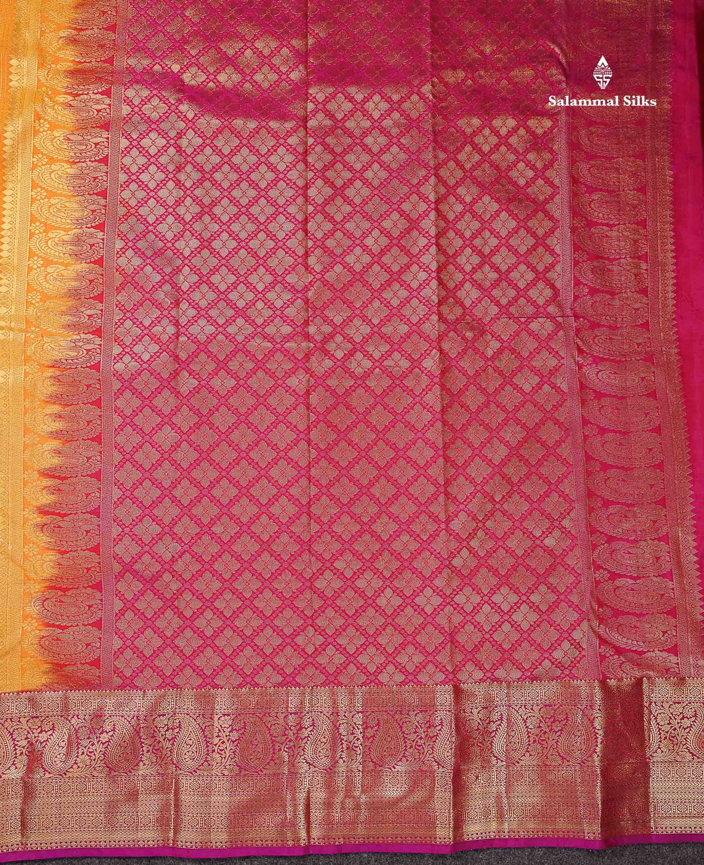 Beautiful Mango Yellow Zari Line Butta Semi Silk Saree With Contrast pink Traditional Evening Morning Border