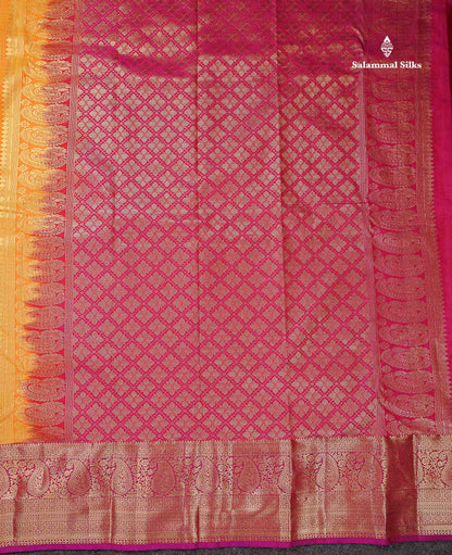 Beautiful Mango Yellow Zari Line Butta Semi Silk Saree With Contrast pink Traditional Evening Morning Border