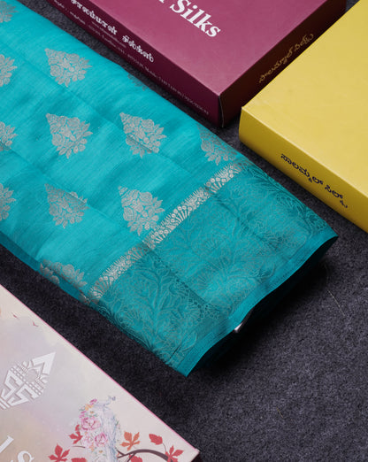 Beautiful Blue Semi Raw Silk Saree With Fancy Border